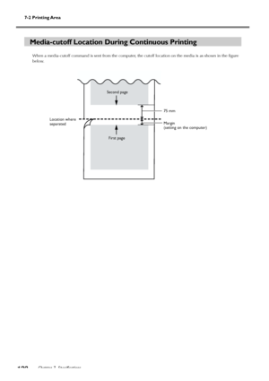 Page 122Chapter 7  Specifications120
7-2 Printing Area
Media-cutoff Location During Continuous Printing
When a media-cutoff command is sent from the computer, the cutoff location on the media is as shown in the figure
below.
First page Second page
75 mm
Margin
(setting on the computer) Location where
separated
Downloaded From ManualsPrinter.com Manuals 