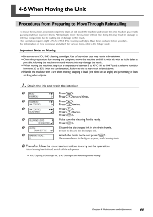 Page 6765Chapter 4 Maintenance and Adjustment
4-6 When Moving the Unit
Procedures from Preparing to Move Through Reinstalling
To move the machine, you must completely drain all ink inside the machine and secure the print heads in place with
packing materials to protect them. Attempting to move the machine without first doing this may result in damage to
internal components due to leaking ink or damage to the heads.
This operation requires eight UNUSED SOL INK cleaning cartridges. Have these on hand before you...