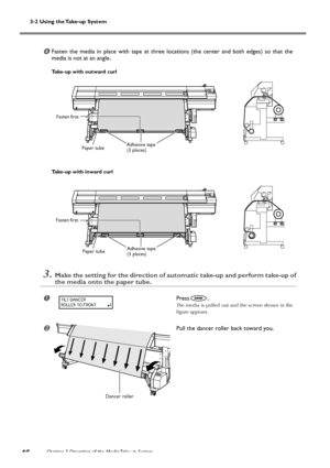 Page 483-2 Using the Take-up System
Chapter 3 Operation of the Media Take-up System
46
Fasten the media in place with tape at three locations (the center and both edges) so that the
media is not at an angle.
Take-up with outward curl
Take-up with inward curl
3.Make the setting for the direction of automatic take-up and perform take-up of
the media onto the paper tube.
Press.
The media is pulled out and the screen shown in the
figure appears.
Pull the dancer roller back toward you.
Fasten first.
Paper...