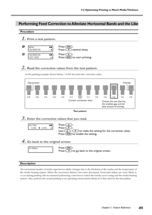 Page 875-5 Optimizing Printing to Match Media Thickness
Chapter 5  Feature Reference85
Performing Feed Correction to Alleviate Horizontal Bands and the Like
Procedure
1.Print a test pattern.
Press.
Press
several times.
Press.
Press
to start printing.
2.Read the correction values from the test pattern.
In the printing example shown below, -0.40 becomes the correction value.
3.Enter the correction values that you read.
Press.
Press
.
Use
to make the setting for the correction value.
Press
to enable the...