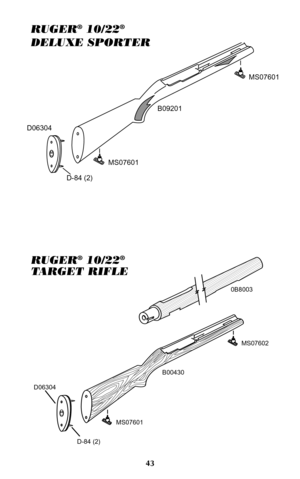 Page 42RUGER®10/22®
TARGET RIFLE
RUGER®10/22®
DELUXE SPORTER
43MS07602 0B8003
B00430
MS07601 D06304D-84 (2)  D06304D-84 (2)MS07601MS07601
B09201   