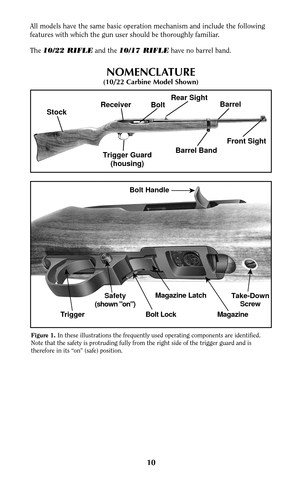 Page 9Figure 1. In these illustrations the frequently used operating components are identified.
Note that the safety is protruding fully from the right side of the trigger guard and is
therefore in its “on” (safe) position.
NOMENCLATURE
(10/22 Carbine Model Shown)
All models have the same basic operation mechanism and include the following
features with which the gun user should be thoroughly familiar.
The 10/22 RIFLEand the 10/17 RIFLEhave no barrel band.
10StockReceiver
BoltRear Sight
Barrel
Trigger Guard...