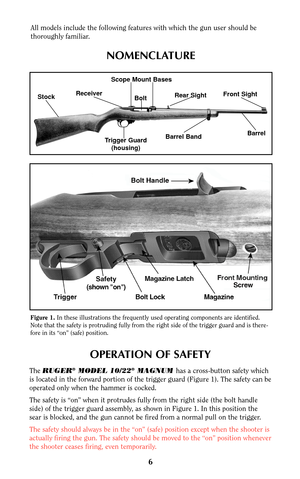 Page 66
OPERATION OF SAFETY
The RUGER®MODEL 10/22®MAGNUM has a cross-button safety which
is located in the forward portion of the trigger guard (Figure 1). The safety can be
operated only when the hammer is cocked.
The safety is “on” when it protrudes fully from the right side (the bolt handle
side) of the trigger guard assembly, as shown in Figure 1. In this position the
sear is blocked, and the gun cannot be fired from a normal pull on the trigger.
The safety should always be in the “on” (safe) position...