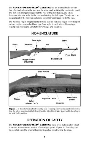 Page 56
Figure 1. In this illustration the frequently used operating components are identified. Note
that the safety is protruding fully from the right side of the trigger guard and is therefore in
its “ON” (safe) position.
NOMENCLATURE
The RUGER®DEERFIELD®CARBINEhas an internal buffer system
that effectively absorbs the shock of the slide block striking the receiver in recoil.
The bolt lock plunger is located at the rear of the slide handle, and when
depressed, fits into a slot in the receiver holding the...