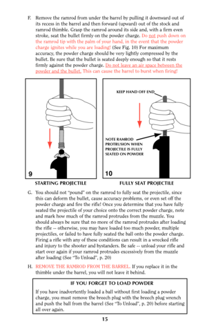 Page 15F. Remove the ramrod from under the barrel by pulling it downward out of
its recess in the barrel and then forward (upward) out of the stock and
ramrod thimble. Grasp the ramrod around its side and, with a firm even
stroke, seat the bullet firmly on the powder charge. Do not
push down on
the ramrod tip with the palm of your hand, in the event that the powder
charge ignites while you are loading!(See Fig. 10) For maximum
accuracy, the powder charge should be very lightly compressed by the
bullet. Be sure...