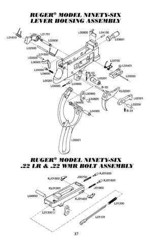 Page 3637
RUGER®MODEL NINETY-SIX
LEVER HOUSING ASSEMBLY
RUGER®MODEL NINETY-SIX
.22 LR & .22 WMR BOLT ASSEMBLY 