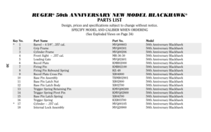 Page 30RUGER
®50th ANNIVERSARY NEW MODEL BLACKHAWK
®
PARTS LIST
Design, prices and specifications subject to change without notice.
SPECIFY MODEL AND CALIBER WHEN ORDERING
(See Exploded Views on Page 34)
Key No. Part Name Part No. Model
* 1 Barrel – 4 5/8”, .357 cal. MVQ00603 50th Anniversary Blackhawk
2 Grip Frame MVQ00301 50th Anniversary Blackhawk
3 Cylinder Frame MVQ00206 50th Anniversary Blackhawk
4 Front Sight  – .357 cal. MR-36-30 50th Anniversary Blackhawk
5 Loading Gate MVQ02401 50th Anniversary...