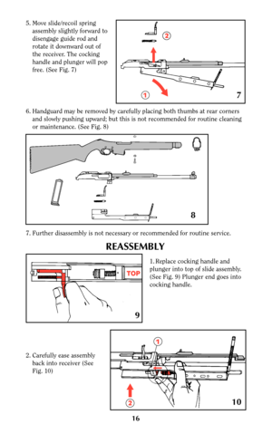 Page 1616
5. Move slide/recoil spring
assembly slightly forward to
disengage guide rod and
rotate it downward out of
the receiver. The cocking
handle and plunger will pop
free. (See Fig. 7)
6. Handguard may be removed by carefully placing both thumbs at rear corners
and slowly pushing upward; but this is not recommended for routine cleaning
or maintenance. (See Fig. 8)
7. Further disassembly is not necessary or recommended for routine service.
REASSEMBLY
1. Replace cocking handle and
plunger into top of slide...