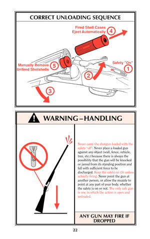 Page 2122
!WARNING – HANDLING
1
4
2
3
5Manually Remove
Unfired ShotshellsFired Shell Cases
Eject Automatically
S
Safety On
CORRECT UNLOADING SEQUENCE
Never carry the shotgun loaded with the
safety “off”.Never place a loaded gun
against any object (wall, fence, vehicle,
tree, etc.) because there is always the
possibility that the gun will be knocked
or jarred from its standing position and
fall with sufficient force to be
discharged. Keep the safety on (S) unless
actually firing. Never point the gun at
another...