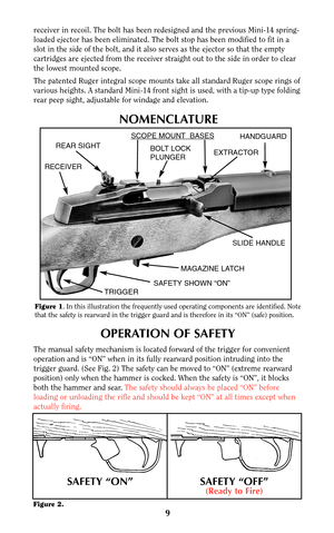 Page 89
Figure 1. In this illustration the frequently used operating components are identified. Note
that the safety is rearward in the trigger guard and is therefore in its “ON” (safe) position.
receiver in recoil. The bolt has been redesigned and the previous Mini-14 spring-
loaded ejector has been eliminated. The bolt stop has been modified to fit in a
slot in the side of the bolt, and it also serves as the ejector so that the empty
cartridges are ejected from the receiver straight out to the side in order...