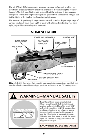 Page 89
Figure 1. In this illustration the frequently used operating components are identified. Note
that the safety is rearward in the trigger guard and is therefore in its “ON” (safe) position.
The Mini Thirty Rifle incorporates a unique patented buffer system which re-
directs and effectively absorbs the shock of the slide block striking the receiver
in recoil. The bolt stop fits in a slot in the side of the bolt, and it also serves as
the ejector so that the empty cartridges are ejected from the receiver...