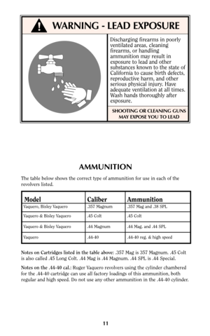 Page 1111
AMMUNITION
The table below shows the correct type of ammunition for use in each of the
revolvers listed.
Model Caliber Ammunition
Vaquero, Bisley Vaquero .357 Magnum .357 Mag and .38 SPL
Vaquero & Bisley Vaquero .45 Colt .45 Colt
Vaquero & Bisley Vaquero .44 Magnum .44 Mag. and .44 SPL
Vaquero .44-40 .44-40 reg. & high speed
!WARNING - LEAD EXPOSURE
Discharging firearms in poorly
ventilated areas, cleaning
firearms, or handling
ammunition may result in
exposure to lead and other
substances known to...