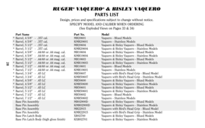 Page 28RUGER
®VAQUERO
®& BISLEY VAQUERO
PARTS LIST
Design, prices and specifications subject to change without notice.
SPECIFY MODEL AND CALIBER WHEN ORDERING
(See Exploded Views on Pages 33 & 34)
Part Name Part No. Model
* Barrel, 4 5/8”  - .357 cal. MR20601 Vaquero - Blued Models
* Barrel, 4 5/8”  - .357 cal. KMR20601 Vaquero - Stainless Models
* Barrel, 5 1/2”  - .357 cal. MR20604 Vaquero & Bisley Vaquero - Blued Models
* Barrel, 5 1/2”  - .357 cal. KMR20604 Vaquero & Bisley Vaquero - Stainless Models
*...