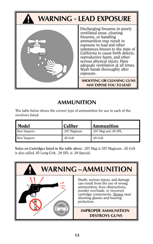 Page 1313
AMMUNITION
The table below shows the correct type of ammunition for use in each of the
revolvers listed.
Model Caliber Ammunition
New Vaquero .357 Magnum .357 Mag and .38 SPL
New Vaquero .45 Colt .45 Colt
WARNING - LEAD EXPOSURE
Discharging firearms in poorly
ventilated areas, cleaning
firearms, or handling
ammunition may result in
exposure to lead and other
substances known to the state of
California to cause birth defects,
reproductive harm, and other
serious physical injury. Have
adequate...