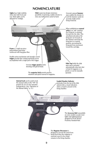 Page 9NOMENCLATURE
Sightshave high-visibility
white dots both front and
rear. Both sights can be
adjusted for windage.
Frameis a rigid one-piece
polyurethane grip frame
reinforced with long glass fiber.
Double-action mechanism and strongly curved
triggerprovide that cocking and firing can be
accomplished with a single pull of the trigger.
Oversize trigger guardpermits
shooting with gloved hand. 
The magazine latchpermits positive
retention and quick removal of magazine.Slide stopholds the slide
open and is...
