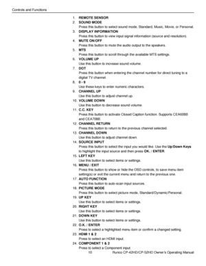 Page 2410                      Runco CP-42HD/CP-52HD Owner’s Operating Manual 
 
 
Controls and Functions 
1. REMOTE SENSOR 
2. SOUND MODE 
Press this button to select sound mode, Standard, Music, Movie, or Personal. 
3. DISPLAY INFORMATION 
Press this button to view input signal information (source and resolution). 
4. MUTE ON/OFF 
Press this button to mute the audio output to the speakers. 
5. MTS 
Press this button to scroll through the available MTS settings. 
6. VOLUME UP 
Use this button to increase sound...