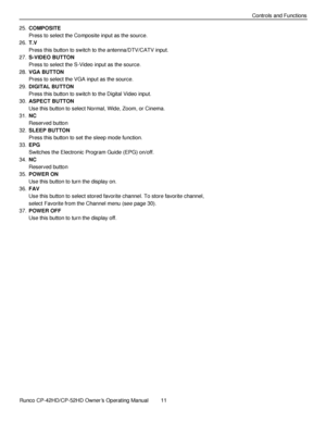 Page 25            Runco CP-42HD/CP-52HD Owner’s Operating Manual  11   
 
 
Controls and Functions 
25. COMPOSITE 
Press to select the Composite input as the source. 
26. T.V 
Press this button to switch to the antenna/DTV/CATV input. 
27. S-VIDEO BUTTON 
Press to select the S-Video input as the source. 
28. VGA BUTTON 
Press to select the VGA input as the source. 
29. DIGITAL BUTTON 
Press this button to switch to the Digital Video input. 
30. ASPECT BUTTON 
Use this button to select Normal, Wide, Zoom, or...