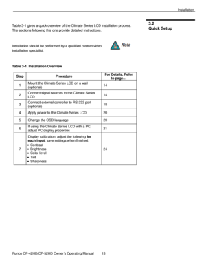 Page 27            Runco CP-42HD/CP-52HD Owner’s Operating Manual  13   
 
 
Installation 
 
Table 3-1 gives a quick overview of the Climate Series LCD installation process. 
The sections following this one provide detailed instructions. 
 
Installation should be performed by a qualified custom video 
installation specialist. 
 
Table 3-1. Installation Overview 
Step Procedure For Details, Refer 
to page… 
1 Mount the Climate Series LCD on a wall 
(optional) 14 
2 Connect signal sources to the Climate Series...