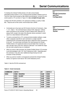 Page 47            Runco CP-42HD/CP-52HD Owner’s Operating Manual  33   
 
 
6. Serial Communications  
 
To Interface the Climate Portfolio Series LCD with a home theater 
automation/control system or a PC running terminal emulation software (such as 
TeraTerm Open Source project at http://ttssh2.sourceforge.jp/), connect it to your 
control system or PC as shown in Figure 3-6. Use a straight-through cable. 
Configure the RS-232 controller or PC serial port as follows: no parity, 8 data 
bits, 1 stop but and...