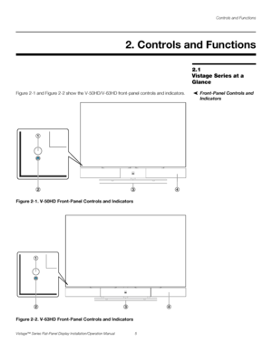 Page 19Controls and Functions
Vistage™ Series Flat-Panel Display Installation/Operation Manual 5 
PREL
IMINARY
2.1 
Vistage Series at a 
Glance
Front-Panel Controls and 
Indicators Figure 2-1 and Figure 2-2 show the V-50HD/V-63HD front-panel controls and indicators.
Figure 2-1. V-50HD Front-Panel Controls and Indicators
Figure 2-2. V-63HD Front-Panel Controls and Indicators
2. Controls and Functions
3
1
24
3
1
24
 