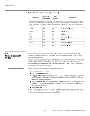 Page 78External Control
64 Vistage™ Series Flat-Panel Display Installation/Operation Manual
PREL
IMINARY
6.2 
Using Discrete IR 
CodesThe DHD Controller accepts commands in the form of IR signals that conform to the 
Phillips RC5 protocol. Each DHD Controller remote control button has an RC5 control 
code associated with it. 
You can use these codes to program a third-party, “universal” remote control unit to work 
with the DHD Controller. These third-party products usually come with a computer 
software...