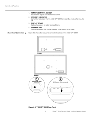 Page 20Controls and Functions
6 Vistage™ Series Flat-Panel Display Installation/Operation Manual
PREL
IMINARY
1.REMOTE CONTROL SENSOR 
Receives the signals from the remote control.
2.STANDBY INDICATOR 
Lights blue to indicate that the V-50HD/V-63HD is in standby mode; otherwise, it is 
off. 
3.DISPLAY STA N D 
Optional accessory for table-top installations.
4.SPEAKER BAR 
Optional accessory that can be mounted to the bottom of the panel.
Rear-Panel ConnectorsFigure 2-3 shows the rear-panel connector locations...