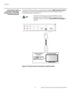 Page 36Installation
22 Vistage™ Series Flat-Panel Display Installation/Operation Manual
PREL
IMINARY
Connecting an Audio
Processor or Secondary
Display Device to the DHD
Controller (Optional)The DHD Controller provides a second HDMI output (labeled HDMI Out (Audio Only)) for 
connection to an audio receiver/switching system or secondary display device for 
monitoring purposes. See Figure 3-8. 
Figure 3-8. Audio Processor Connection to DHD Controller➤
The DHD Controller does not transmit HDMI CEC control...