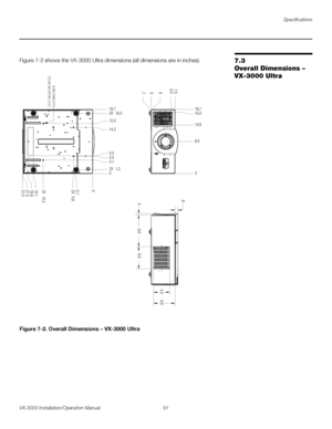 Page 105Specifications
VX-3000 Installation/Operation Manual 91 
PREL
IMINARY
7.3 
Overall Dimensions – 
VX-3000
 Ultra
Figure 7-2 shows the VX-3000 Ultra dimensions (all dimensions are in inches). 
Figure 7-2. Overall Dimensions – VX-3000 Ultra
0 9.8 18.8
14.9 19.7
0 .8 6.3 7.3
.7.9
.55.0
6.86.6
9.6
0 2X 1.2 2X 18.5
5.3 14.2 15.3
4.1 5.5 19.7
0
5.1
2X 5.9
2X 15.2
18.1
19.9
21.5 21.3
4X M6 STANDOFFS
CEILING MOUNTING HOLE
Downloaded From projector-manual.com Runco Manuals 