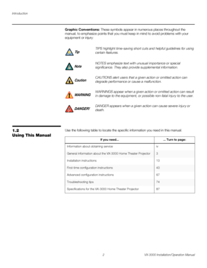 Page 16Introduction
2 VX-3000 Installation/Operation Manual
PREL
IMINARY
Graphic Conventions: These symbols appear in numerous places throughout the 
manual, to emphasize points that you must keep in mind to avoid problems with your 
equipment or injury: 
1.2 
Using This Manual
Use the following table to locate the specific information you need in this manual. 
TIPS highlight time-saving short cuts and helpful guidelines for using 
certain features. 
NOTES emphasize text with unusual importance or special...