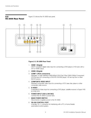 Page 22Controls and Functions
8 VX-3000 Installation/Operation Manual
PREL
IMINARY
2.2 
VX-3000 Rear Panel
Figure 2-3 shows the VX-3000 rear panel.
Figure 2-3. VX-3000 Rear Panel
1.HDMI 1 (Digital) 
HDCP-compliant digital video input for connecting a DVD player or HD tuner with a 
DVI or HDMI output.
2.HDMI 2 (Digital)
3.COMP 1 (RCA connectors) 
Standard- or high-definition (480i/480p/576i/576p/720p/1080i/1080p) Component 
(YPrPb) input for connecting a DVD/HD-DVD/BD player, HD set-top box or other 
SD/HD...