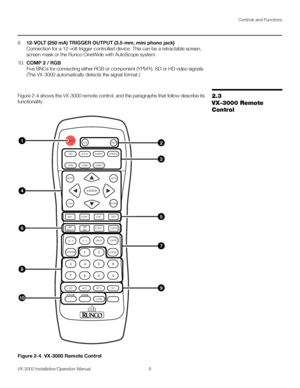 Page 23Controls and Functions
VX-3000 Installation/Operation Manual 9 
PREL
IMINARY
9.12-VOLT (250 mA) TRIGGER OUTPUT (3.5-mm, mini phono jack)  
Connection for a 12-volt trigger-controlled device. This can be a retractable screen, 
screen mask or the Runco CineWide with AutoScope system. 
10.COMP 2 / RGB 
Five BNCs for connecting either RGB or component (YPbPr), SD or HD video signals. 
(The VX-3000 automatically detects the signal format.) 
2.3 
VX-3000 Remote 
Control
Figure 2-4 shows the VX-3000 remote...