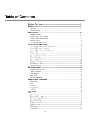 Page 2
2
Table of Contents
Limited Warranty ............................................................................3
Preface  ............................................................................................
6
Warnings  .............................................................................................................7
Product Disposal  ..................................................................................................
7
Introduction...
