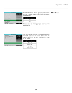 Page 43
43

Easy-to-Use Functions
Blue Enable tur ns off the red and green colors 
so that only blue appears. Settings menus also 
appear bluish.
Blue Enable Options
ON
OFF
You can choose from four locations for settings 
menus to appear on the screen. Select from the 
top left, bottom left, top right, or bottom right areas 
of the screen.
OSD Position Options
Top Left
Bottom Left Top Right
Bottom Right
➤ Blue Enable
OSD Position ➤
This is used for making proper color and tint 
adjustments. 