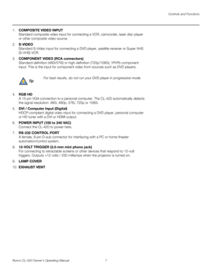 Page 17Controls and Functions
Runco CL-420 Owner’s Operating Manual 7 
1.COMPOSITE VIDEO INPUT 
Standard composite video input for connecting a VCR, camcorder, laser disc player 
or other composite video source.
2.S-VIDEO 
Standard S-Video input for connecting a DVD player, satellite receiver or Super VHS 
(S-VHS) VCR. 
3.COMPONENT VIDEO (RCA connectors) 
Standard-definition (480i/576i) or high-definition (720p/1080i), YPrPb component 
input. This is the input for component video from sources such as DVD...