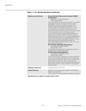 Page 66Specifications
56 Runco CL-420 Owner’s Operating Manual
Brightness and Contrast:Cinema Standards Measurement System (CSMS) 
Specifications
- Brightness: 19 foot-Lamberts (fL)
- Contrast Ratio: 245:1
These measurements are taken from the projector in a controlled, 
home theater environment. All measurements are made to 
ANSI/NAPM IT7.228-1997 specifications using the Photo 
Research PR-650 SpectraColorimeter and Minolta LS-100 
Luminance Meter, Video Essentials test DVD and a 1.3 gain, 
72-inch wide...