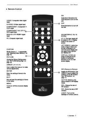 Page 111. OverviewUser’s Manual7
❚ Remote Control 
ON
 
Hold down this button for 
ONE second to turn on the 
unit.
OFF
Press this button to turn off 
the unit.
ANAMORPHIC : For 16: 
9 DVDs.  
4 X 3 : The input signal will 
be scaled to fit 4: 3 display 
mode in the center of 
screen.
LETTERBOX : Letter box 
mode. Image in letter box 
format is enlarged to fit 
16:9 full screen display and 
the upper/lo wer portion 
are blanked off.
VIRTUAL WIDE : 4:3 
image is enlarged NON-
linearly in horizontal 
direction to...