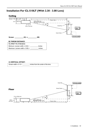 Page 162. Installation Runco CL-510/ CL-510LT User’s Manual13
Installation For CL-510LT (With 2.30 - 3.00 Lens) 
Screen  __________ (H)  x __________ (W)
C) VERTICAL OFFSET: 
Screen width x 0.10 = _________ inches from the center of the lens.
B) THROW DISTANCE: 
CL-510LT 16 x 9 Screens:
Minimum: (screen width x 2.30) =  __________ inches 
Maximum: (screen width x 3.00) =  __________ inches
Ceiling
Floor
  