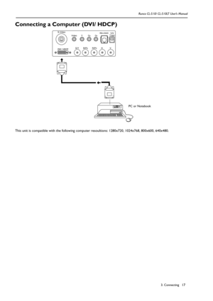 Page 203. Connecting Runco CL-510/ CL-510LT User’s Manual17
Connecting a Computer (DVI/ HDCP) 
This unit is compatible with the following computer resoultions: 1280x720, 1024x768, 800x600, 640x480.
PC or Notebook 