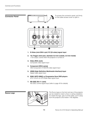 Page 14
14Runco CL-610 Owner’s Operating Manual

Connector Panel
Controls and Functions
Runco Logo
To access the connector panel, pull firmly 
on the cable access cover to open it.
1.  S-Video (mini DIN 4-pin) Y/C (S-video) signal input
2.  12v Trigger (mini jack, diameter 5.5 mm outside, 2.5 mm inside)
  +12V output, active when the projector is turned on
3.  Video (RCA Jack)
  Composite video signal input
4.  Component (RCA Jacks)
  480i Component (Y/CB/CR) video signal input
5.  HDMI (High-Definition...