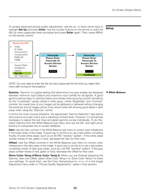 Page 39
39Runco CL-610 Owner’s Operating Manual

On-Screen Display Menus
SetupTo access advanced picture quality adjustments, use the up- or down-arrow keys to 
highlight Set Up and press  Enter. Use the number buttons on the remote to enter the 
Set Up menu passcode when prompted and press  Enter again. Then, press MENU 
on the remote control. 
Runco CL-610
>  Video
  S-Video
  Component1
  Component2
  RGB-HD
  HDMI
------------------------
  Aspect Ratio
  Installation
  Option
  Set Up
  ISF Calibration...