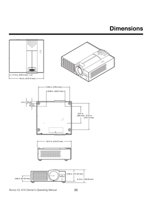 Page 55
55Runco CL-610 Owner’s Operating Manual

Dimensions
16.31 in. (414.27 mm)5.56 in. (141.22 mm)6.12 in. (155.45 mm)
2.66 in. (67.53 mm)
11
.0 in. (279.4 mm)
16.5 in. (419.10 mm)
14.80 in. (376.0 mm)
8.86 in. (225.0 mm)
8.07 in.
(205 mm) 12.57 in.
(319.15 mm)
0.91 in. (23 mm)2.36 in.(60 mm) 