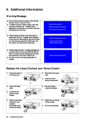 Page 276. Additional Information22
6. Additional Information 
Warning Message   
Replace the Lamp (Contact your Runco Dealer) 
■It is normal for lamp to be darker when this unit 
has been used for a period of time.
■ Lamplife is expired ! Please change a new lamp. 
And reset the lamp timer  message will be 
displayed for 30 seconds on the screen if the lamp 
has operated for 950 hours.
■ Please change the lamp, Lamp will exceed its 
lifetime after (hours):   message will be displayed 
on the screen for...