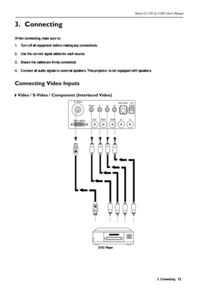 Page 183. Connecting Runco CL-710/ CL-710LT User’s Manual15
3. Connecting
When connecting, make sure to:
1. Turn off all equipment before making any connections.
2. Use the correct signal cables for each source.
3. Ensure the cables are firmly connected. 
4. Connect all audio signals to external speakers. This projector is not equipped with speakers.
Connecting Video Inputs
❚Video / S-Video / Component (Interlaced Video)   
DVD Player 