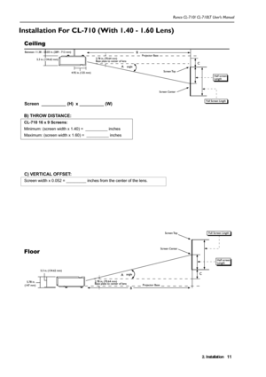 Page 142. Installation Runco CL-710/ CL-710LT User’s Manual11
Installation For CL-710 (With 1.40 - 1.60 Lens)  
Screen  __________ (H)  x __________ (W)
C) VERTICAL OFFSET: 
Screen width x 0.052 = _________ inches from the center of the lens.
B) THROW DISTANCE: 
CL-710 16 x 9 Screens:
Minimum: (screen width x 1.40) =  __________ inches 
Maximum: (screen width x 1.60) =  __________ inches
Ceiling
Floor
  