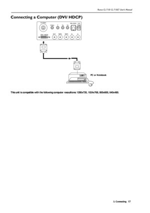 Page 203. Connecting Runco CL-710/ CL-710LT User’s Manual17
Connecting a Computer (DVI/ HDCP) 
This unit is compatible with the following computer resoultions: 1280x720, 1024x768, 800x600, 640x480.
PC or Notebook 