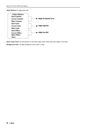 Page 295. Menu Runco CL-710/ CL-710LT User’s Manual26White Balance: To adjust grey scale.  
Reset Lamp Timer: Use this function to reset lamp usage counter. Reset only if you replace a new lamp.
Background Color: To adjust background color to blue or white.
White Balance
        Red Gamma
        Green Gamma
        Blue Gamma
        Red Gain
        Green Gain
        Blue Gain
        Red Offset
        Green Offset
        Blue Offset
        Store
Adjust the Gamma Curve
Adjust High End
Adjust Low End 