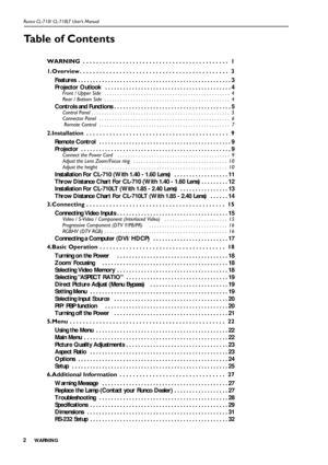 Page 5WA R N I N G Runco CL-710/ CL-710LT User’s Manual2
Table of Contents
WARNING  . . . . . . . . . . . . . . . . . . . . . . . . . . . . . . . . . . . . . . . . . . . .  1
1.Overview . . . . . . . . . . . . . . . . . . . . . . . . . . . . . . . . . . . . . . . . . . . . .  3
Features  . . . . . . . . . . . . . . . . . . . . . . . . . . . . . . . . . . . . . . . . . . . . . . . . . . . 3
Projector Outlook   . . . . . . . . . . . . . . . . . . . . . . . . . . . . . . . . . . . . . . . . . . 4
Front / Upper...