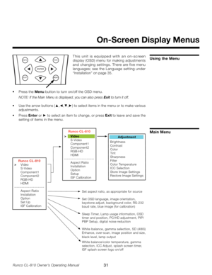 Page 31
31Runco CL-810 Owner’s Operating Manual

On-Screen Display Menus
Using the MenuINFORVR
ENTER
EXITMENU
T h i s   u n i t   i s   e q u i p p e d   w i t h   a n   o n - s c re e n 
display (OSD) menu for making adjustments 
and changing settings. There are five menu 
languages; see the Language setting under 
“Installation” on page 35.
•  Press the  Menu button to turn on/off the OSD menu.
  NOTE: If the Main Menu is displayed, you can also press 
Exit to turn it off.
•  Use the arrow buttons ( ▲,◄,▼,►)...