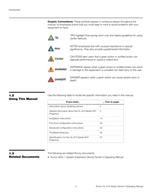 Page 14Introduction
2 Runco CL-810 Series Owner’s Operating Manual
PREL
IMINARY
Graphic Conventions: These symbols appear in numerous places throughout the 
manual, to emphasize points that you must keep in mind to avoid problems with your 
equipment or injury: 
1.2 
Using This Manual
Use the following table to locate the specific information you need in this manual. 
1.3 
Related Documents
The following are related Runco documents:
 Runco SDC-1 System Expansion Device Owner’s Operating Manual 
TIPS highlight...