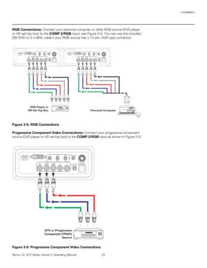 Page 37Installation
Runco CL-810 Series Owner’s Operating Manual 25 
PREL
IMINARY
RGB Connections: Connect your personal computer or other RGB source (DVD player 
or HD set top box) to the COMP 2/RGB input; see 
Figure 3-8. You can use the included 
DB15HD-to-5 x BNC cable if your RGB source has a 15-pin, VGA-type connector. 
Figure 3-8. RGB Connections
Progressive Component Video Connections: Connect your progressive component 
source (DVD player or HD set top box) to the COMP 2/RGB input as shown in 
Figure...